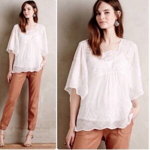 Meadow Rue Anthropologie White Eyelet Embroidered Kimono Sleeve Blouse Medium
